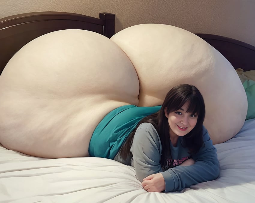 1girls ai_generated bangs bedroom enormous_ass fat_ass female huge_ass hyper_ass lying lying_on_bed massive_ass real_person realistic smile white_ass