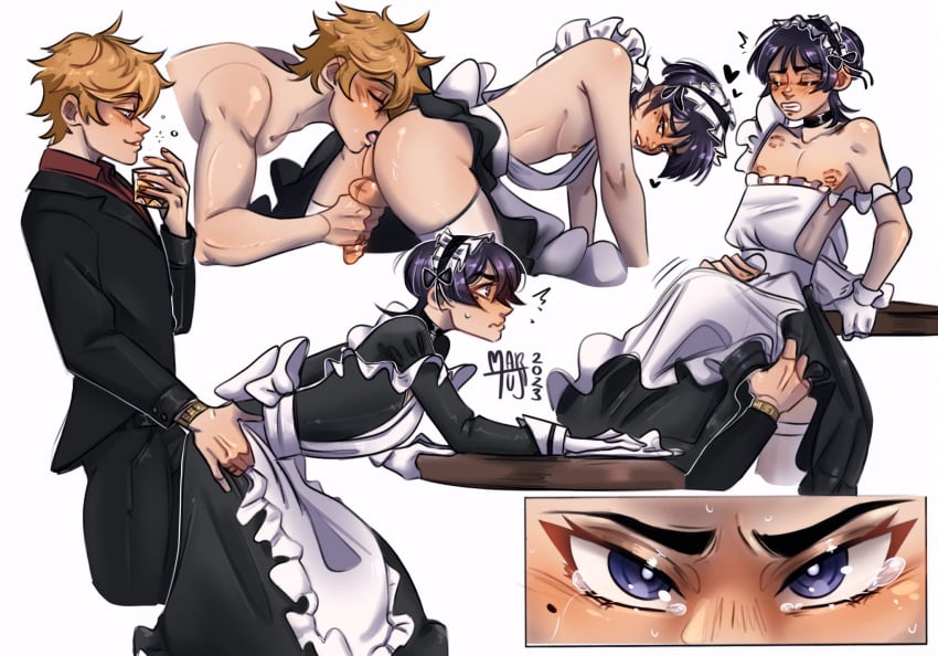 2boys artist_signature bent_over_table blue_eyes childe_(genshin_impact) close-up genshin_impact handjob hearts maid maid_outfit nipples rimming rimming_male rusty_trombone scaramouche_(genshin_impact) suit tartaglia_(genshin_impact) under_skirt yaoi