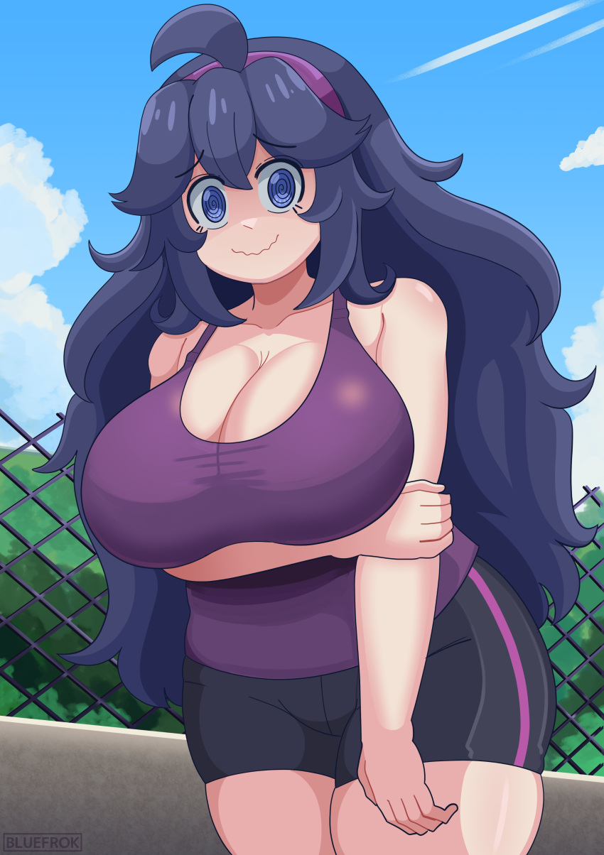 1girls big_breasts black_shorts blue_eyes bluefrok bottomwear breasts chubby_female cleavage clothing female female_only game_freak hair hex_maniac huge_breasts large_breasts long_hair pokemon pokemon_xy purple_hair shorts smile solo solo_female sports_bra sports_uniform sportswear thighs topwear