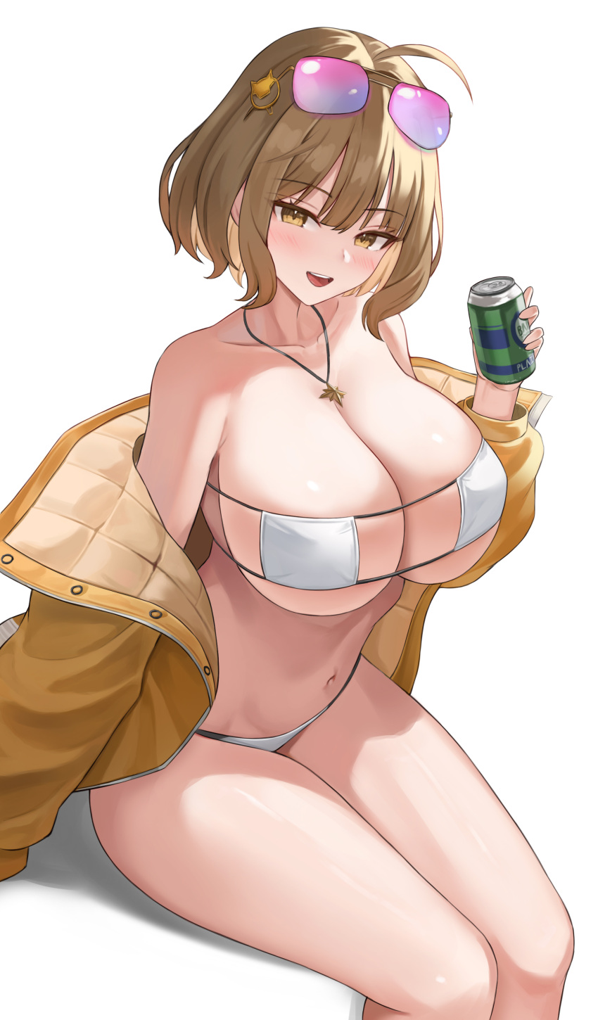 absurdres anis_(nikke) anis_(sparkling_summer)_(nikke) bikini breasts brown_eyes brown_hair can collarbone drink_can female goddess_of_victory:_nikke highres holding holding_can jewelry kitin large_breasts looking_at_viewer navel necklace open_mouth simple_background sitting smile soda_can solo star_(symbol) star_necklace stomach swimsuit thighs white_background white_bikini