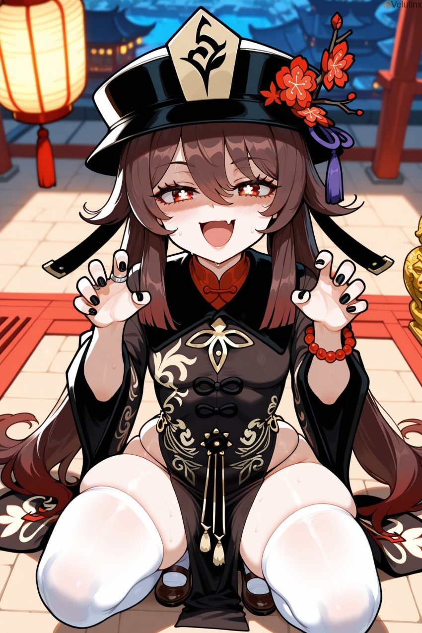 absurd_res absurd_resolution absurdres ai_generated bangs black_nails blush brown_hair china_dress chinese_clothes claw_pose cute_fang eyelashes fangs flower from_above full_body genshin_impact hat hi_res high_quality high_resolution highres hu_tao_(genshin_impact) jewelry long_hair looking_at_viewer mary_janes mesugaki panties red_eyes shaded_face skindentation small_breasts smug squatting sweat sweating symbol-shaped_pupils thighhighs thighs twintails velutinx white_thighhighs wide_hips