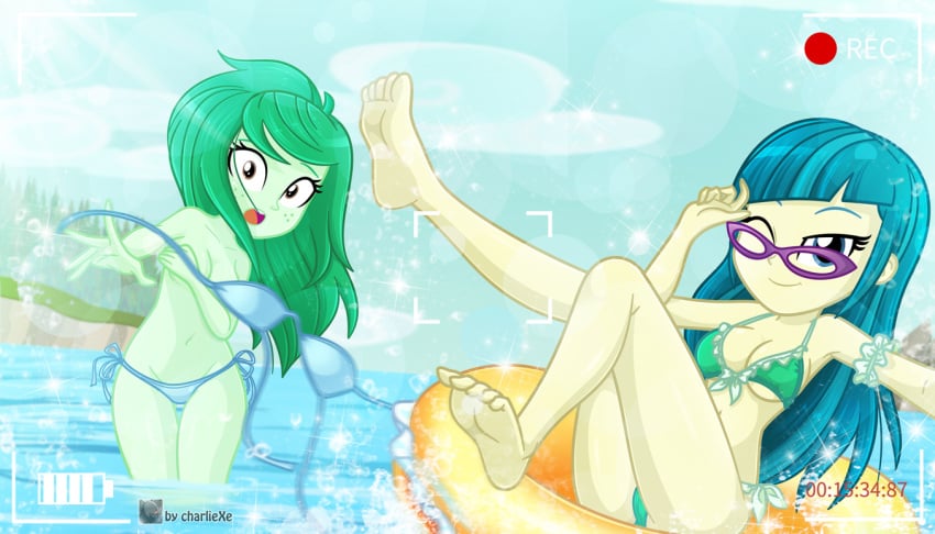 2girls beach bikini bikini_malfunction bikini_top_removed blue_bikini blue_hair boobs breasts charliexe covering_breasts equestria_girls female glasses green_bikini green_hair juniper_montage_(eg) long_hair medium_breasts my_little_pony wallflower_blush_(eg) water