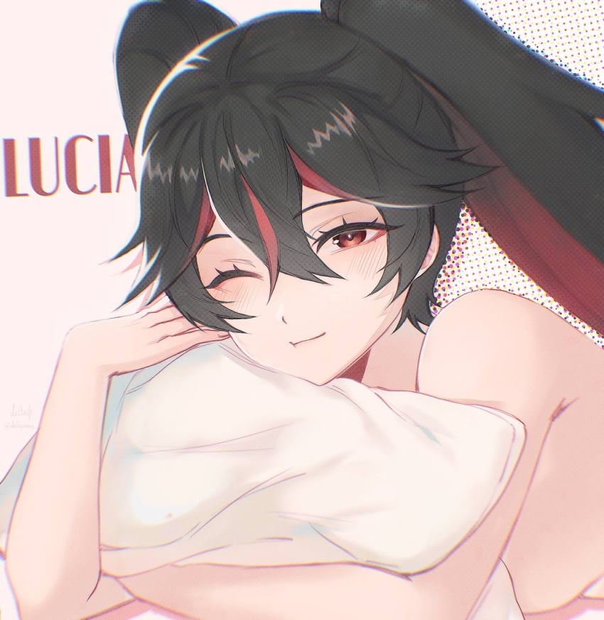 1girls bed black_hair blush closed_eye completely_nude female lucia_(punishing:_gray_raven) lying medium_breasts nude pillow punishing:_gray_raven red_eyes red_hair robot_girl solo twintails two_tone_hair