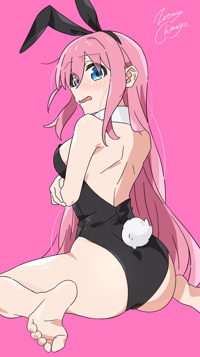 ass bare_legs bare_thighs barefoot blue_eyes blush blushing bocchi_the_rock! bunny_costume bunny_ears bunny_girl bunny_tail bunnysuit embarrassed embarrassed_female feet gotou_hitori kneeling long_hair pink_hair sideboob slim_waist spread_legs thick_thighs zetsuyo_chimayo