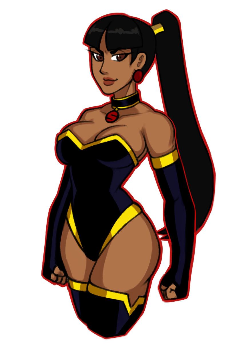 2023 2d black_hair breasts brown-skinned_female brown_eyes brown_skin dark-skinned_female dark_skin dc digital_media_(artwork) female female_only frank_draws hair human human_female justice_league:_crisis_on_two_earths leotard long_hair mary_batson(alt) ponytail standing supervillainess superwoman_(mary_batson) tagme white_background white_sclera