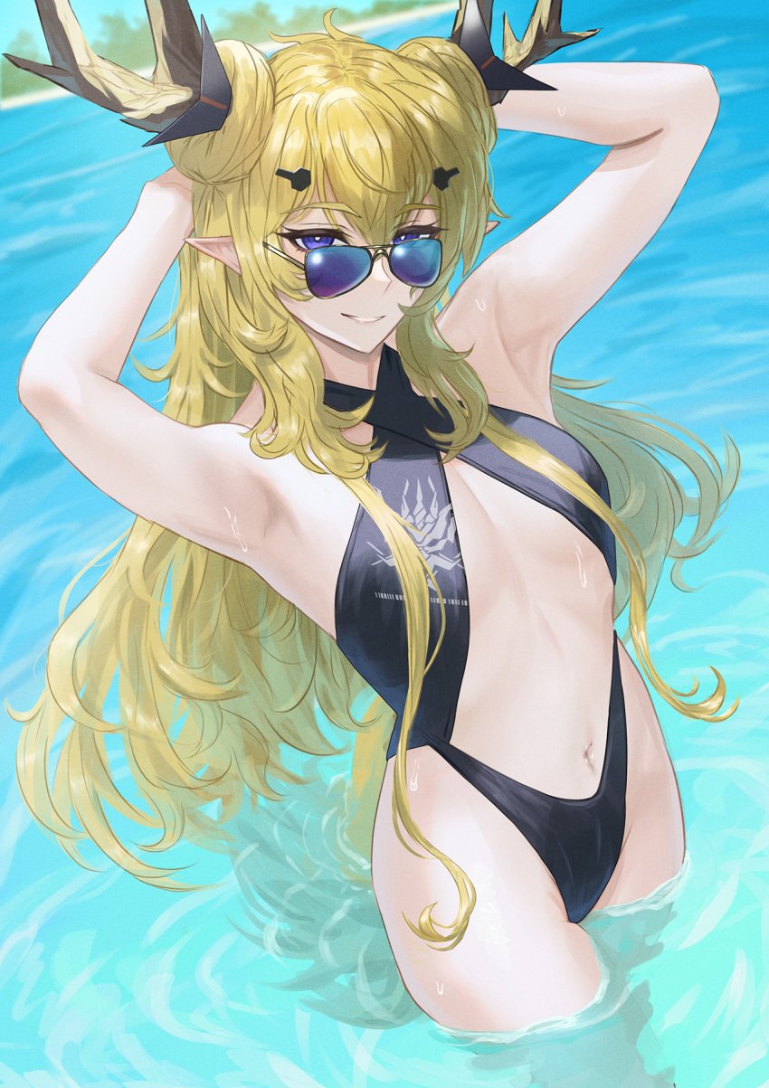 1girls arknights aviator_sunglasses blue-tinted_eyewear female female_only gino leizi_(arknights) looking_over_eyewear looking_over_glasses looking_over_sunglasses one-piece_swimsuit purple-tinted_eyewear sunglasses swimsuit tinted_eyewear