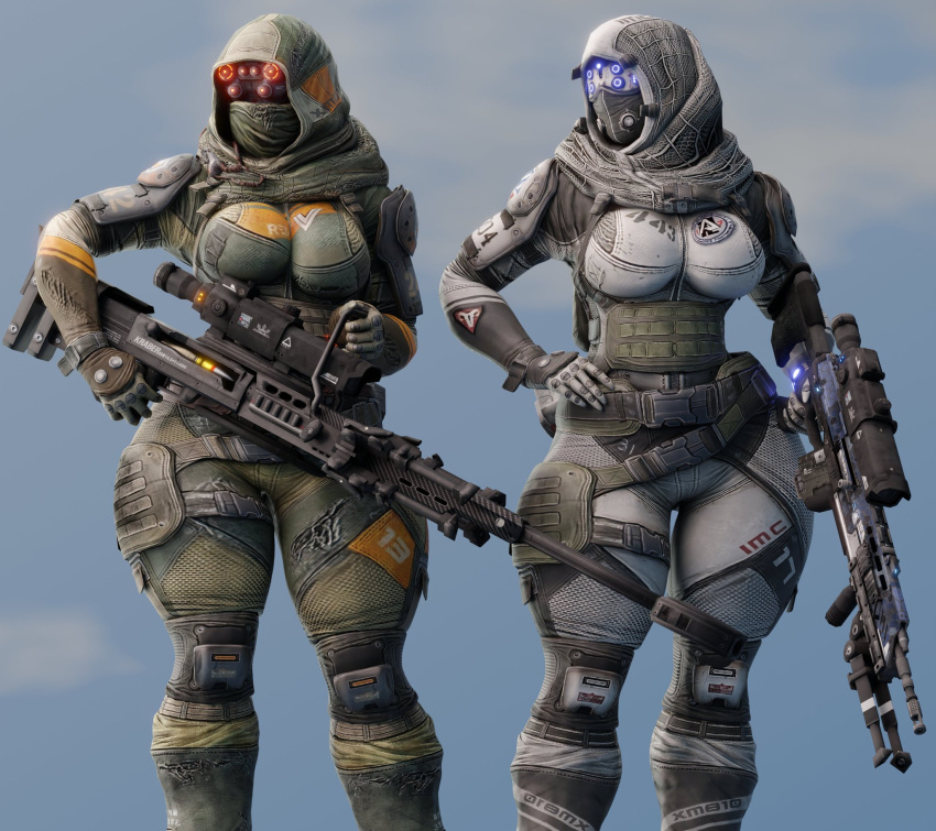 big_breasts coolmaster98 dual_persona faceless_female female_imc_sniper female_militia_sniper gun hand_on_hip hips masked_female respawn_entertainment sniper_rifle thick_thighs thigh_gap titanfall weapon