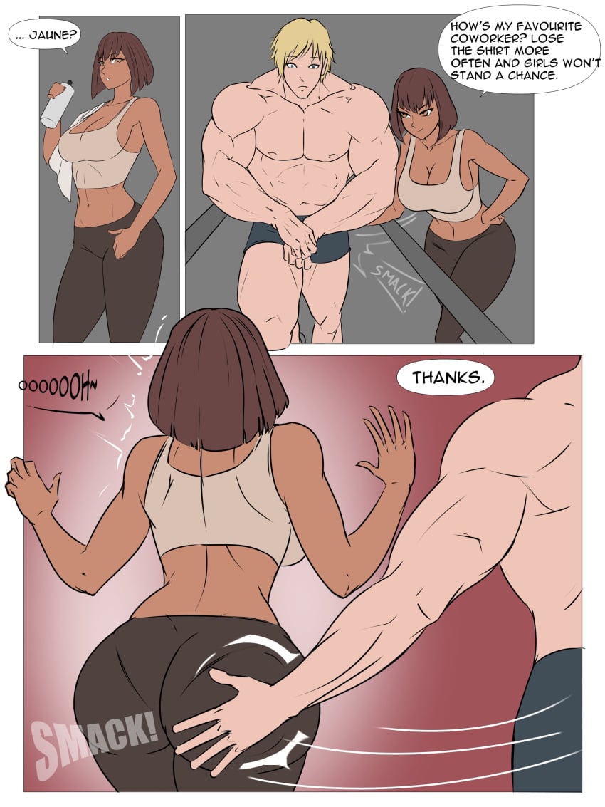 amber_(rwby) ass big_ass big_breasts boxers brown_hair brown_skin bubble_butt comic fat_ass female gym gym_clothes jaune_arc male muscular_male pantylines rwby smiling_samurai spanked_butt spanking tank_top text text_bubble working_out workout yoga_pants