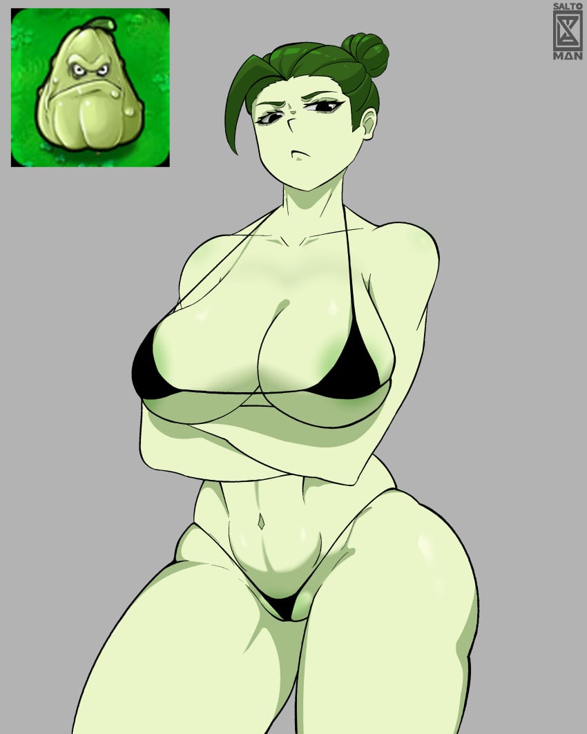 abs angry angry_face anthro areolae areolae_visible_through_clothing belly belly_button bikini breasts curvy_figure electronic_arts eyebrows fit fit_female flora_fauna gourd green_body green_hair green_skin grumpy hair_bun hair_strand large_breasts looking_down mean mean_look panties pissed_off plant plant_girl plant_humanoid plantie plants_vs._zombies plants_vs_zombies popcap_games pvz salto_man shiny shiny_skin short_hair squash_(pvz) string_bikini string_panties tanga thick_thighs thong thong_bikini