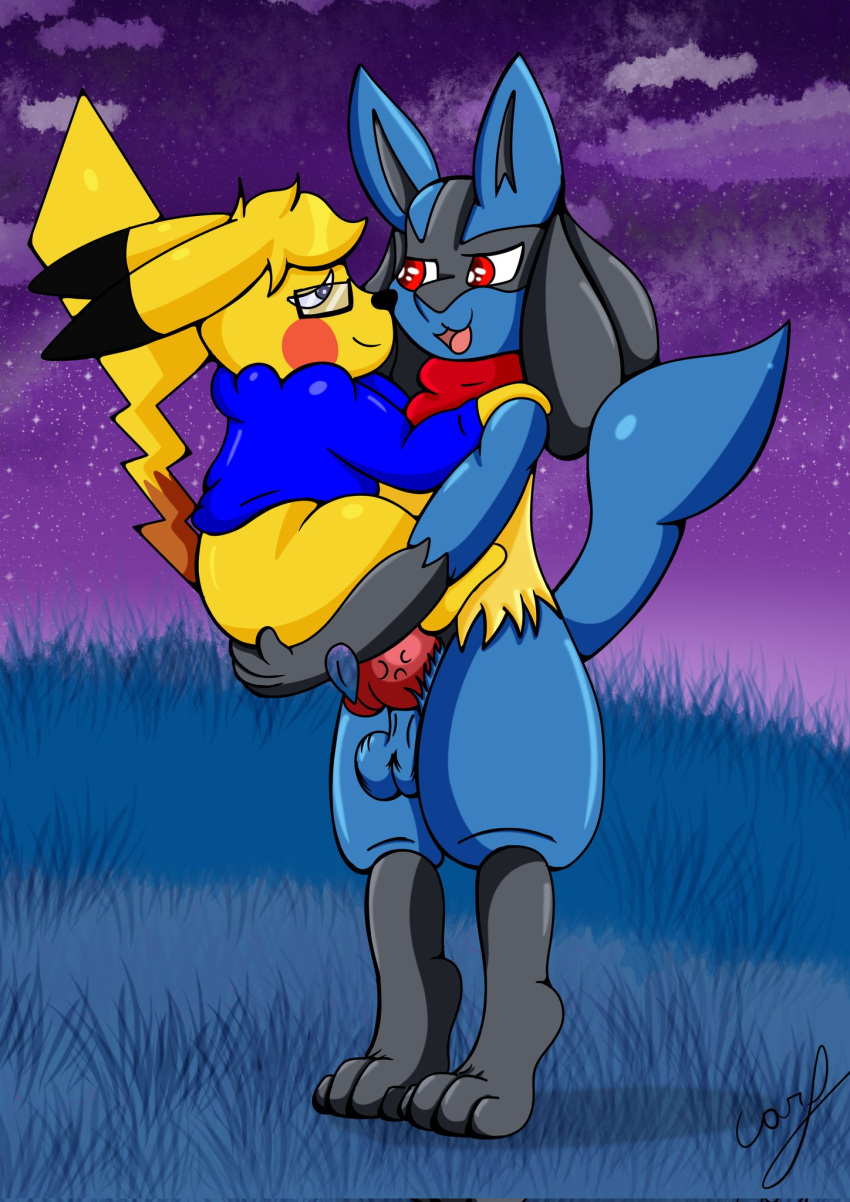 2boys anal anal_sex anthro balls blue_body clothed clothing duo eyewear gay genitals glasses grey_eyes hi_res lucario male male/male male_penetrated male_penetrating male_penetrating_male nintendo penetration penile penile_penetration penis penis_in_ass pikachu pokemon pokemon_(species) red_eyes rouarts sex size_difference smaller_male smaller_penetrated standing standing_sex video_games yellow_body