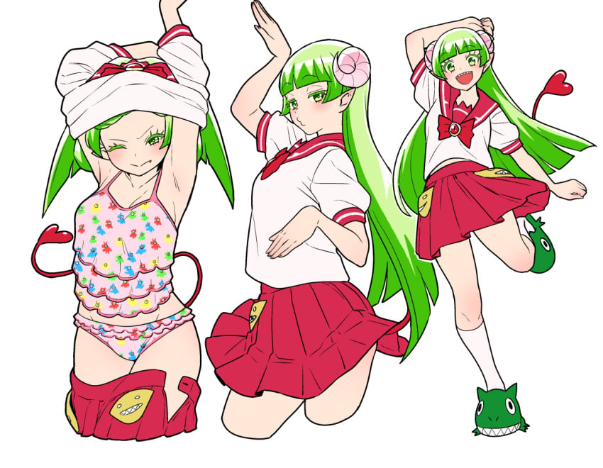 :d blunt_bangs blush breasts childish_panties clara clara_valac cute_fang eyebrows_visible_through_hair fang_out female fumitan_(humitan) green_eyes green_hair knee_socks kneehighs kneesocks long_hair looking_at_viewer mairimashita!_iruma-kun oerba_yun_fang open_mouth panties pleated_skirt pointy_ears sailor_collar school_uniform serafuku sharp_teeth simple_background skirt slippers smile socks tail teeth underwear undressing valac valac_clara welcome_to_demon_school!_iruma-kun white_background white_socks