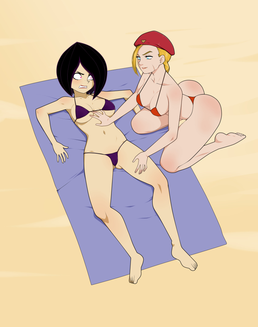 2girls angry ass beach bikini black_hair blonde_hair blue_eyes breasts cammy_white capcom el_tigre embarrassed female female_only hat humiliation imminent_death killer_lotion lying massage nickelodeon on_back peril punishment red_eyes rubbing sitting snuff street_fighter summer sunbathing swimsuit towel zoe_aves