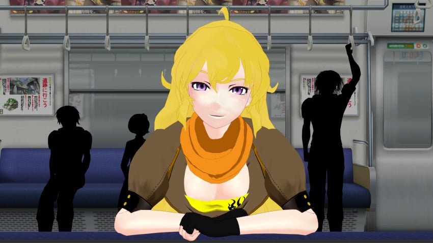 1girls bedroom_eyes blonde_female blonde_hair cleavage clothed_female long_hair long_hair_female pov purple_eyes rwby theblackbirdcalls yang_xiao_long