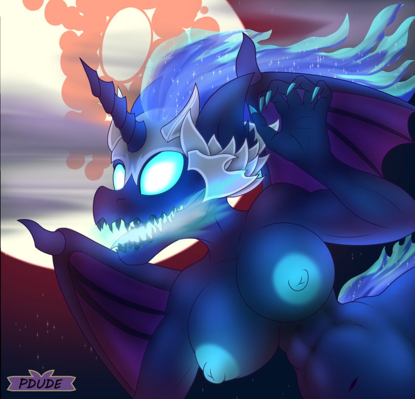 5_fingers alicorn anthro areola armor big_breasts blue_areola blue_eyes blue_hair blue_nipples breasts claws female female_only fingers friendship_is_magic hasbro helmet horn hybrid long_hair mammal monster monster_girl my_little_pony navel nightmare_moon_(mlp) nipples pdude princess_luna_(mlp) sharp_teeth teeth