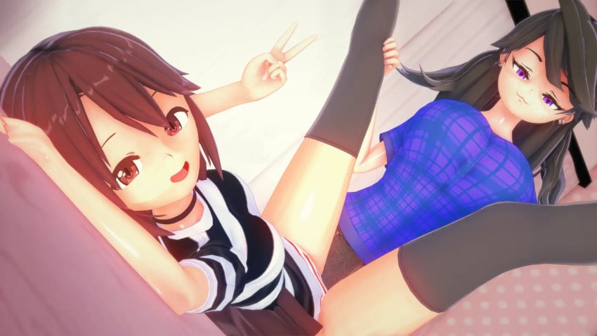 2girls 3d brown_eyes brown_hair clothed clothed_female emirichu implied_yuri jaiden jaiden_(vtuber) jaiden_animations kk_guyyy koikatsu legs_apart legs_held_open legs_up looking_at_viewer peace_sign possible_yuri purple_eyes smile smiling_at_viewer tagme virtual_youtuber youtube youtuber