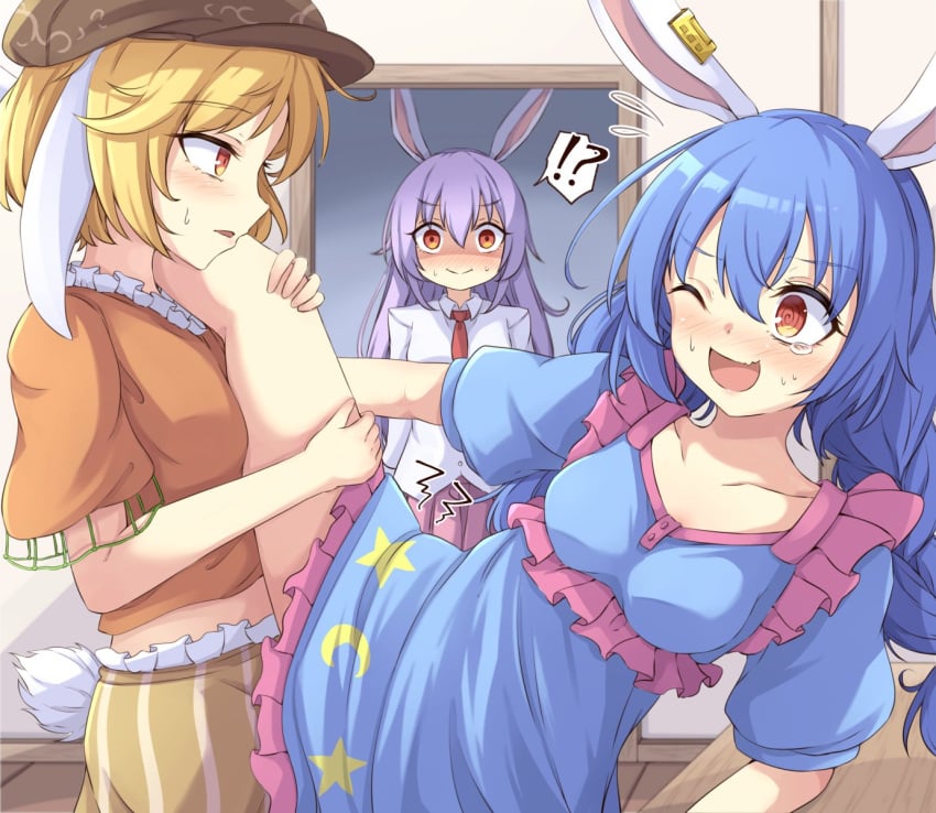 !? 3girls ;d @_@ animal_ears arm_support blue_clothing blue_dress blue_hair blush braid breasts brown_headwear buttons cabbie_hat caught_in_the_act closed_mouth collarbone collared_shirt commentary_request doorway dress dry_humping ear_clip ear_stud ear_tag ears floppy_ears frills hat highres humping leg_grab legs light_purple_hair lilac_hair long_ears long_hair medium_breasts meme midriff midriff_peek misunderstanding multiple_girls necktie neko_mata newsboy_cap oerba_yun_fang one_eye_closed open_mouth orange_clothing orange_shirt parted_bangs pink_inner_ear pink_skirt pleated_skirt puffy_short_sleeves puffy_sleeves rabbit_ears rabbit_tail red_eyes red_necktie reisen_udongein_inaba ringo_(touhou) seiran_(touhou) sexually_suggestive shaded_face shirt short_hair short_sleeves short_tail shorts skin_fang skirt smile standing striped_clothes striped_shorts sweatdrop table tail tears thighs touhou translucent_hair twin_braids walk-in white_ears white_shirt white_tail wing_collar wooden_floor wooden_table yellow_shorts yuri