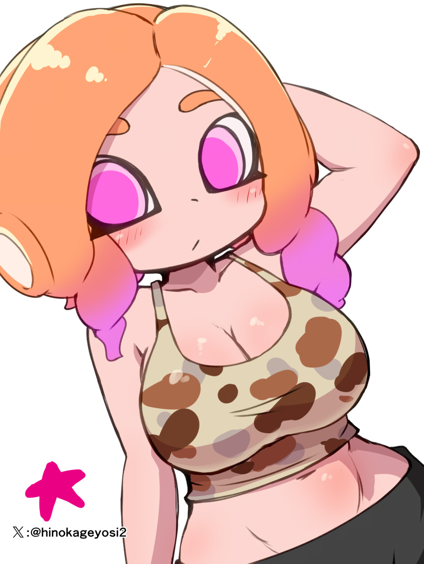 1girls 2023 artist_signature big_breasts blush breasts camouflage cleavage clothing crop_top hi_res light_skin makino_nono midriff navel nintendo octoling octoling_girl oni_wasabi_(makino_nono) orange_hair original_character pink_eyes solo splatoon splatoon_(series) splatoon_3 tank_top wide_hips