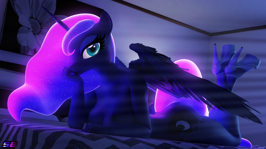 alicorn anthro blue_body blue_eyes blue_hair blue_skin breasts equid equine eyelashes female footwear friendship_is_magic hasbro high_heel horn long_hair mammal my_little_pony princess_luna_(mlp) shadowboltsfm solo