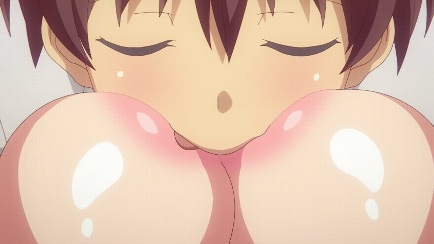 1boy 1girls animated areola areolae big_areola breast_grab breast_sucking breastfeeding brown_hair couple double_breast_sucking eroge_de_subete_wa_kaiketsu_dekiru! goban huge_breasts human human_only indoor large_breasts licking_breasts long_hair male/female nipples pink_pineapple saitou_fumika schoolgirl screencap straight