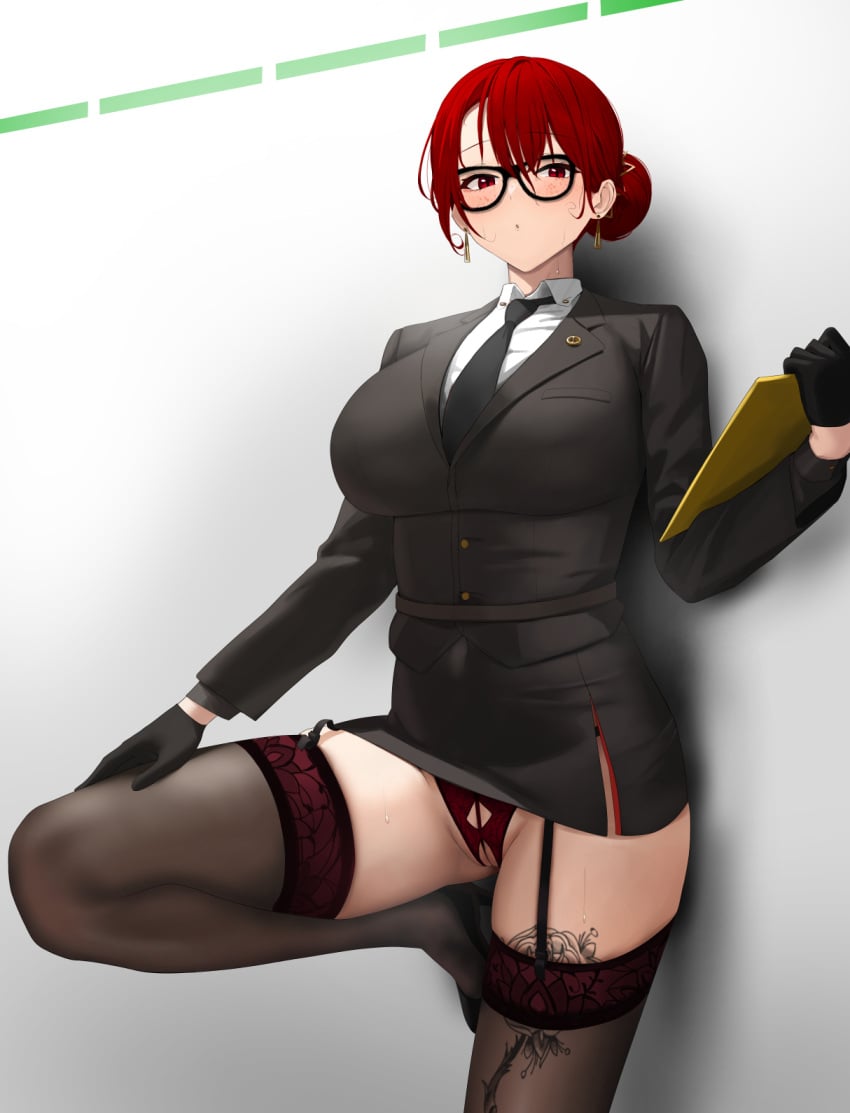 against_wall artist_request big_breasts blush business_suit business_woman chela77 clipboard crotchless_panties earrings freckles glasses gloves grand_theft_auto grand_theft_auto_v hair_bun heels huge_breasts mary_mushkin necktie nopixel pussy pussy_peek red_eyes red_hair see-through_panties short_skirt skirt stockings tagme tagme_(artist) tattoo thighhighs third-party_edit thong