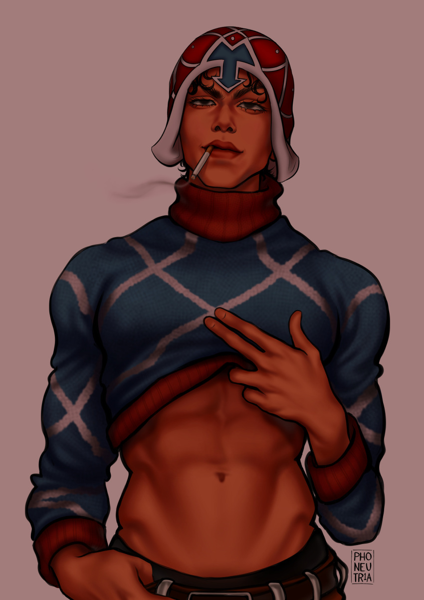 1boy cigarette exposed_pecs guido_mista jojo's_bizarre_adventure male male_only mewing pecs phoneutr1a sfw shirt_pulled_up smoking solo vento_aureo