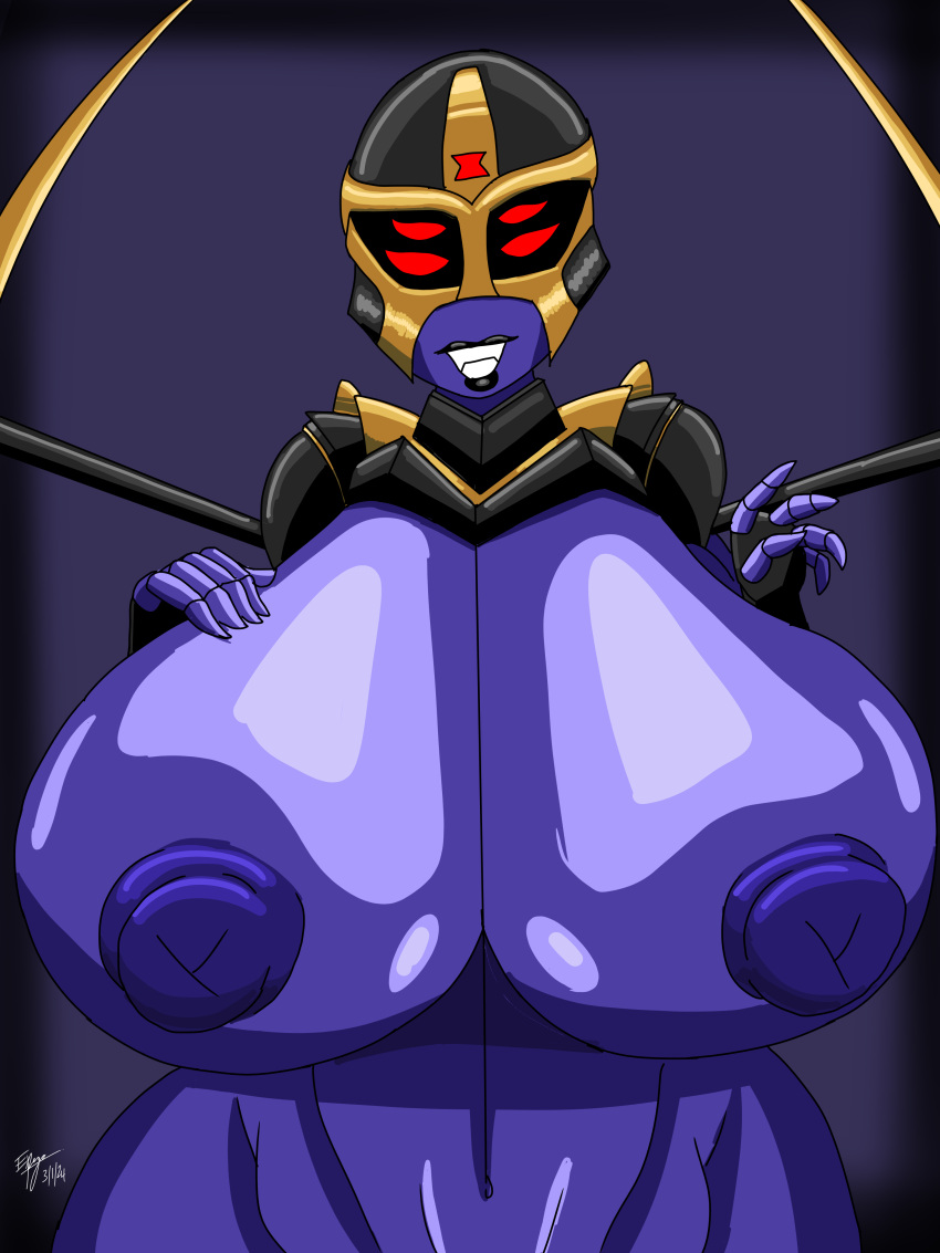 1girls big_hips big_nipples blackarachnia breasts breasts_out decepticon female female_only italianfoodman large_breasts massive_breasts red_eyes sharp_teeth solo transformers transformers_animated waving