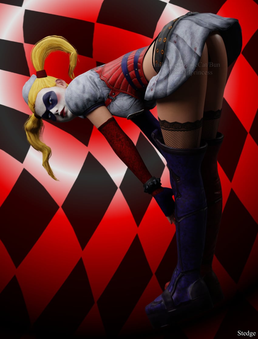 3d ass batman:_arkham_asylum batman_(series) bending_over bent_over clothed dc dc_comics emilythecosmic harley_quinn harley_quinn_(arkham) harley_quinn_(arkham_asylum) solo