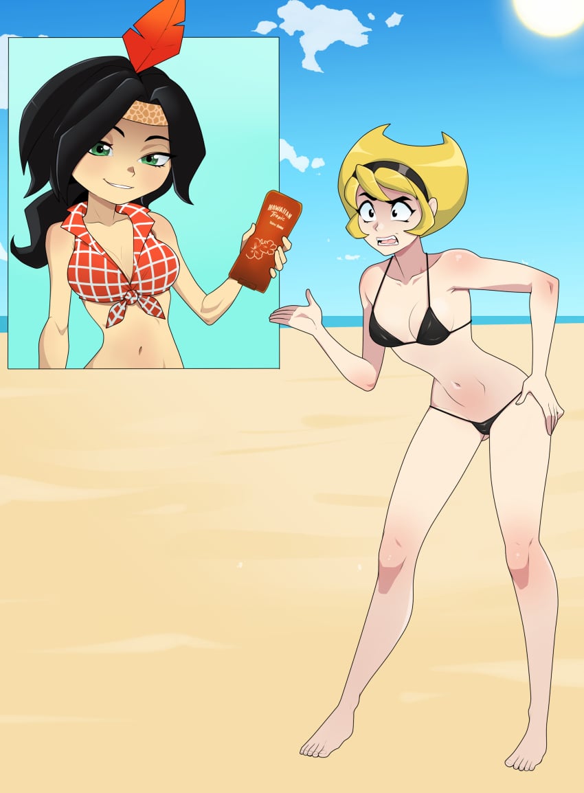 2girls 5_fingers arrest banjo-kazooie beach bikini black_hair black_swimsuit blonde_hair clothed confrontation female female_only green_eyes hair_feather headband humba_wumba killer_lotion lotion lotion_bottle mandy_(billy_and_mandy) panel peril seductive_look standing summer sunscreen swimsuit the_grim_adventures_of_billy_and_mandy