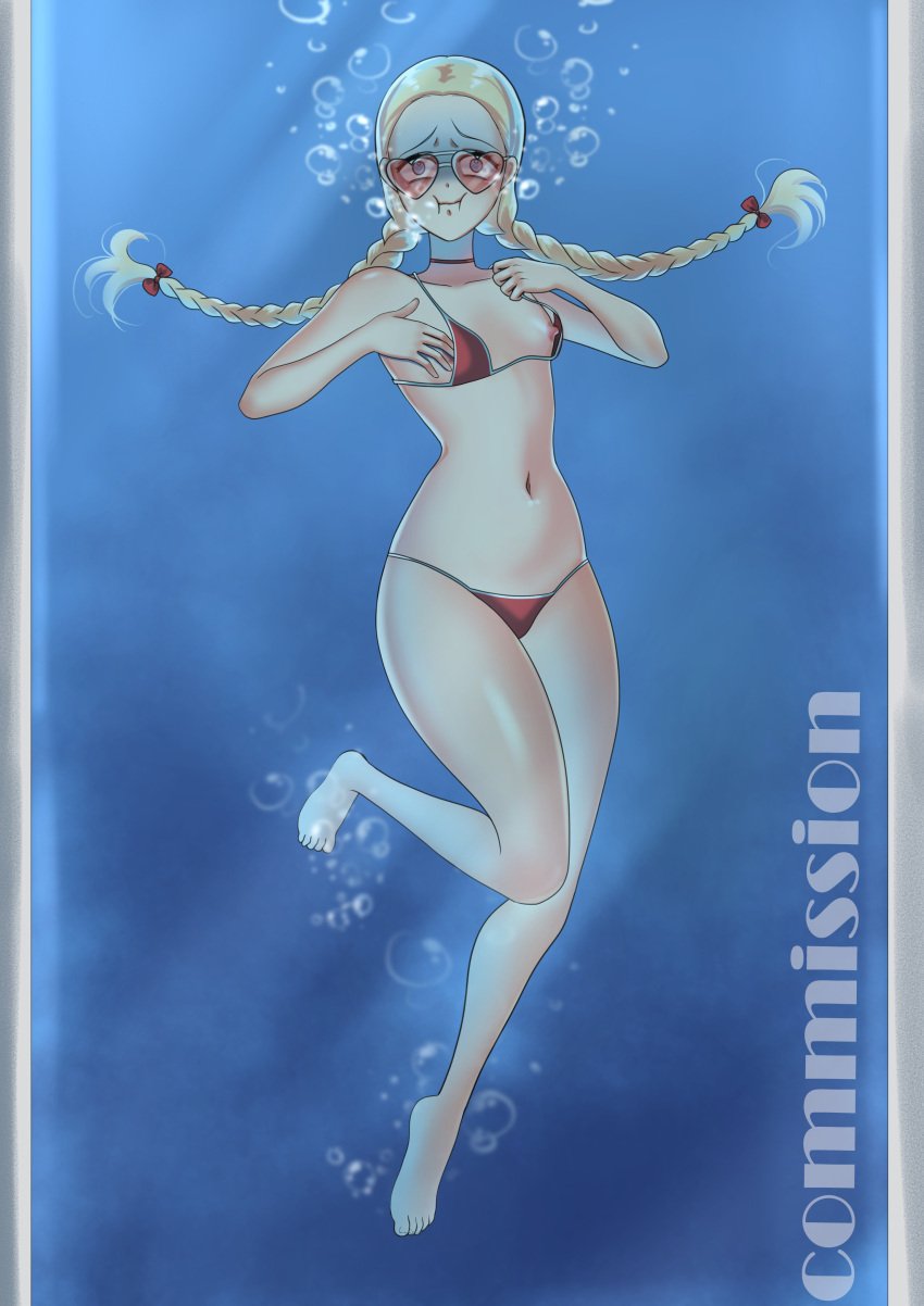 asphyxiation bikini blonde_hair blue_eyes braided_hair braided_twintails braids choker collarbone drowning female flat_chest glasses heart-shaped_sunglasses heathcliff_(artist) imminent_death navel nipples original original_character peril red-tinted_eyewear ribbon ribbons sunglasses thick_thighs tinted_eyewear twintails underwater undressing water_tank