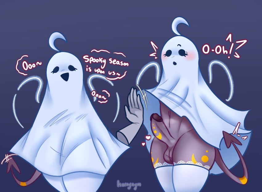 ambiguous_gender clothed clothing demon dialogue disembodied_hand duo femboy genitals girly hi_res hornynym humanoid legwear male male/ambiguous markings partially_clothed penis sheet_ghost signature spade_tail surprise surprised_expression tail thigh_highs wardrobe_malfunction