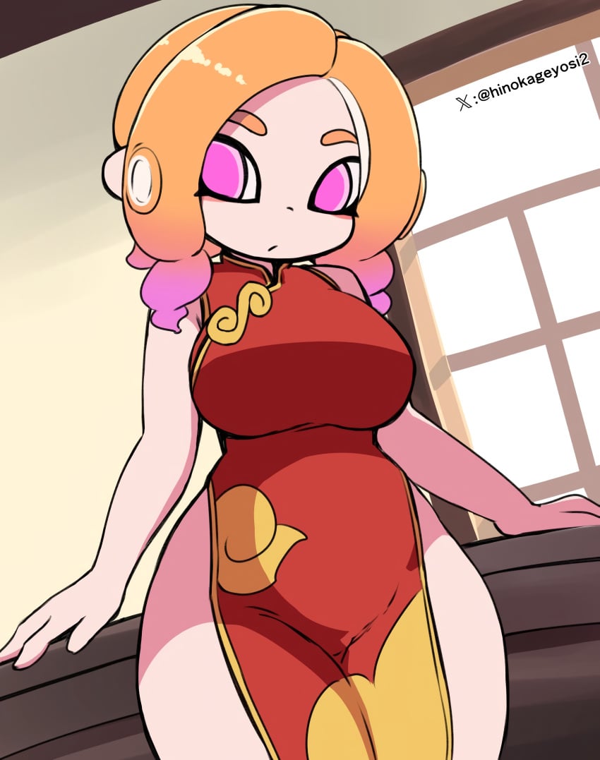 1girls 2024 artist_signature big_breasts breasts cheongsam chinese_clothes chinese_dress clothed clothing dress hi_res hourglass_figure light_skin makino_nono new_year nintendo octoling octoling_girl oni_wasabi_(makino_nono) orange_hair pink_eyes solo splatoon splatoon_(series) splatoon_3 thick_thighs thighs wide_hips year_of_the_dragon