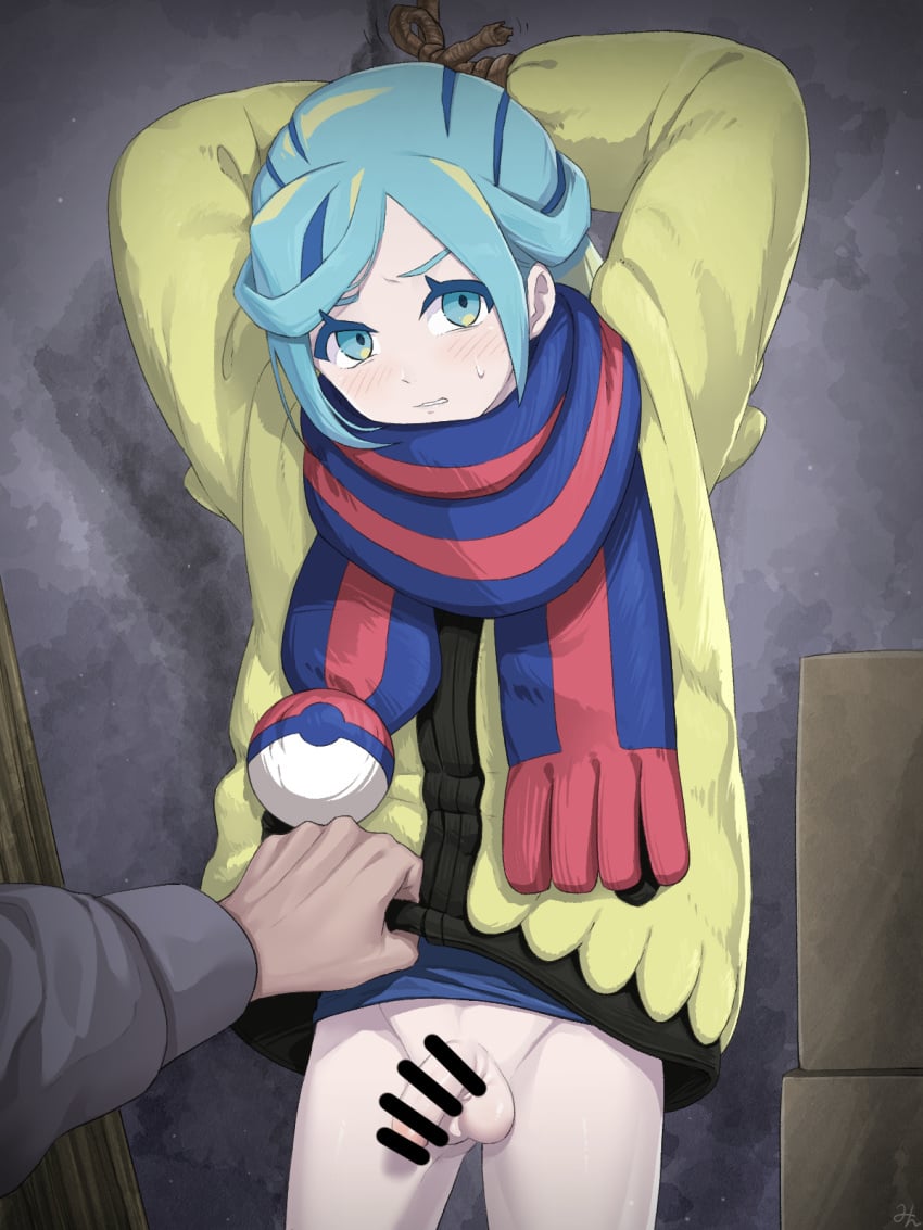 2boys aqua_eyes aqua_hair arms_up bar_censor blue_scarf blush bondage bottomless censored clenched_teeth commentary_request dubious_consent eyelashes femboy feminine_male grusha_(pokemon) highres indoors jacket jacket_lift lifted_by_another looking_at_viewer male male_focus male_only min_(myna8247) multiple_boys parted_lips penis poke_ball_print pokemon pokemon_sv scarf skinny striped_clothes striped_scarf sweatdrop teeth testicles yellow_jacket