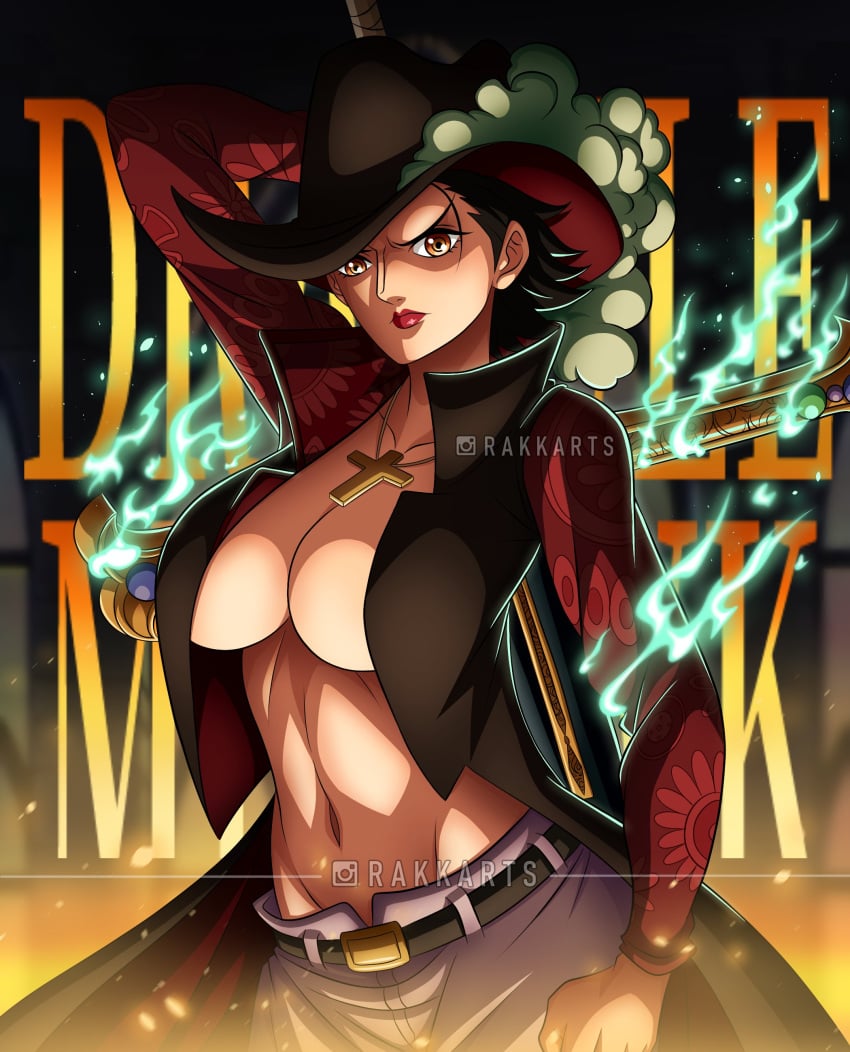 1girls absurd_res artist_name belt belt_buckle big_breasts black_coat black_hair breasts buckle character_name clenched_hand closed_mouth coat color cross cross_necklace cross_pendant dracule_mihawk female female_only floral_print genderswap_(mtf) hat hat_feather high_collar holding holding_sword holding_weapon jewelry large_breasts looking_at_viewer navel necklace no_bra one_piece open_clothes pants rakara11 red_lips ringed_eyes rule_63 short_hair solo sword v-shaped_eyebrows weapon white_pants yellow_eyes yoru_(sword)