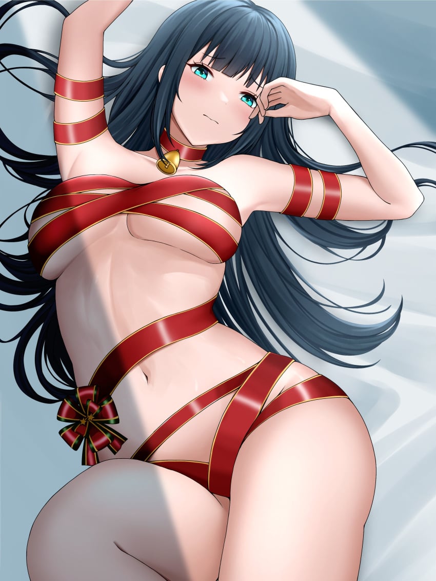 1girls agistiani amano_nene_(vtuber) aqua_eyes armpits bed_sheet bell belly_button black_hair blush breasts christmas christmas_wrapped embarrassed eyebrows_visible_through_hair female female_only human_gift light-skinned_female light_skin naked_ribbon on_bed production_kawaii ribbon solo underboob virtual_youtuber white_bed_sheet wrapped wrappings