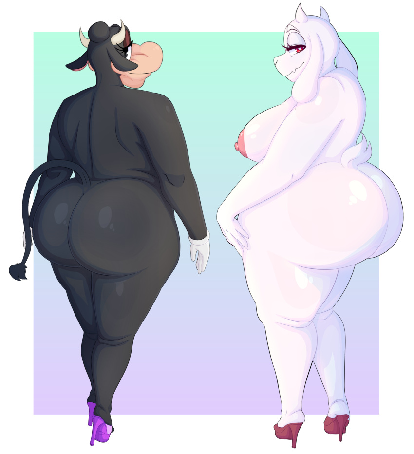 absurd_res anthro areola ass bedroom_eyes big_breasts big_butt boolishclara bovid bovine breasts caprine cattle clarabelle_cow clothing disney duo female footwear furry goat hi_res high_heels mammal narrowed_eyes nipples pinup pose seductive smile thick_thighs toriel undertale_(series) wide_hips