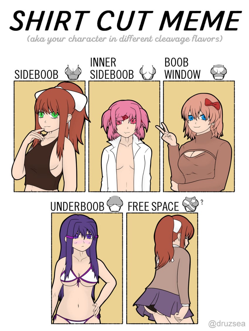 5_fingers ass bikini bikini_bottom bikini_top black_panties blue_eyes blue_skirt blush boob_window bow breasts butt cleavage cleavage_cutout doki_doki_literature_club english_text female female_only females females_only flesh_fang free_space green_eyes hair_bow hairbow inner_sideboob ironscrub long_hair meme meme_attire monika_(doki_doki_literature_club) natsuki_(doki_doki_literature_club) panties peace_sign pink_eyes pink_hair purple_eyes purple_hair red_bow red_hair_bow red_hairbow sayori_(doki_doki_literature_club) shirt_cut_meme sideboob skin_fang skirt strawberry_blonde_hair text underboob yuri_(doki_doki_literature_club)