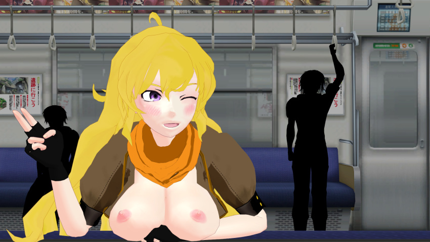 1girls blonde_female blonde_hair breasts casual female human long_hair long_hair_female pale_skin peace_sign purple_eyes rwby showing_breasts theblackbirdcalls train yang_xiao_long