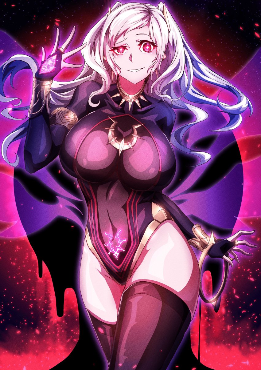 1girls absurdres adapted_costume alternate_costume aura bare_thighs bodystocking bracelet brand_of_the_defile breasts bridal_gauntlets cleavage collar covered_navel dark_aura dark_persona evil_smile female fire_emblem fire_emblem_awakening fire_emblem_heroes glowing_tattoo grey_hair grima_(fire_emblem) grin hand_tattoo highres intelligent_systems jewelry large_breasts leotard looking_at_viewer navel_cutout nintendo official_alternate_costume pubic_tattoo red_eyes revealing_clothes robin_(female)_(fell_tactician)_(fire_emblem) robin_(fire_emblem) robin_(fire_emblem)_(female) see-through see-through_cleavage smile smug solo spiked_collar spikes tattoo thick_thighs thighhighs thighs to_(tototo_tk) twintails uneven_eyes white_hair wide_hips