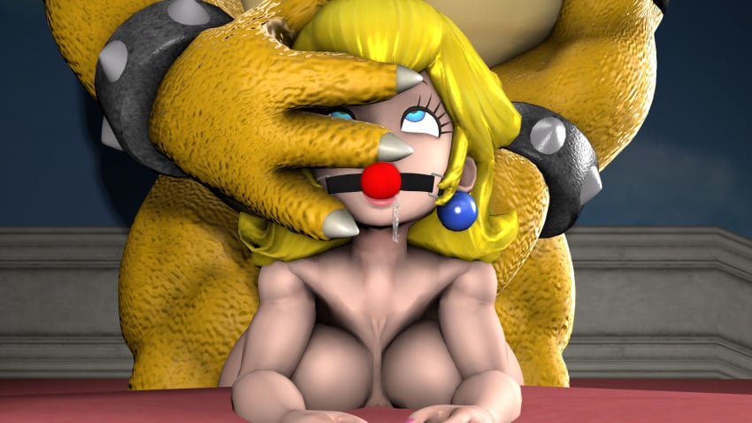 1boy 1girls 3d ball_gag bed bent_over blonde_hair blue_eyes bowser drool drooling female gag hair_grab hand_on_face indoors long_hair male mario_(series) naked nude princess_peach sfm source_filmmaker standing straight supaphreak super_mario_bros. vaginal_penetration vaginal_penetration vaginal_sex