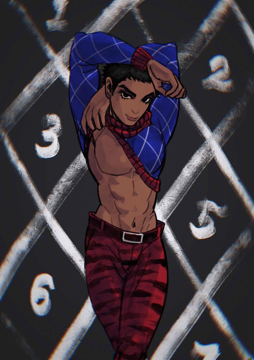 1boy black_hair guido_mista jojo's_bizarre_adventure looking_at_viewer male male_only meo_(artist) shirt_pulled_up solo undressing vento_aureo