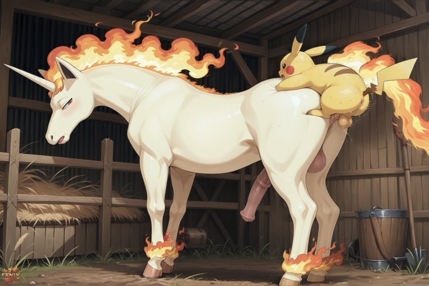 ai_assisted ai_generated anal anal_sex animal_genitalia animal_penis balls barn blush bodily_fluids brown_eyes brown_stripes bucket container dirt duo equine_penis fence fenix_ai feral fire fur generation_1_pokemon genital_fluids genitals grass hay hooves horn hung_bottom looking_at_another looking_at_partner looking_back looking_pleasured male male/male male_penetrated male_penetrating male_penetrating_male nintendo open_mouth penetration penis pikachu plant pokemon pokemon_(species) precum rapidash red_cheeks red_eyes sex shovel size_difference small_dom_big_sub stripes sweat sweaty_body tan_body tan_fur thrust_lines thrusting tools yellow_body yellow_fur