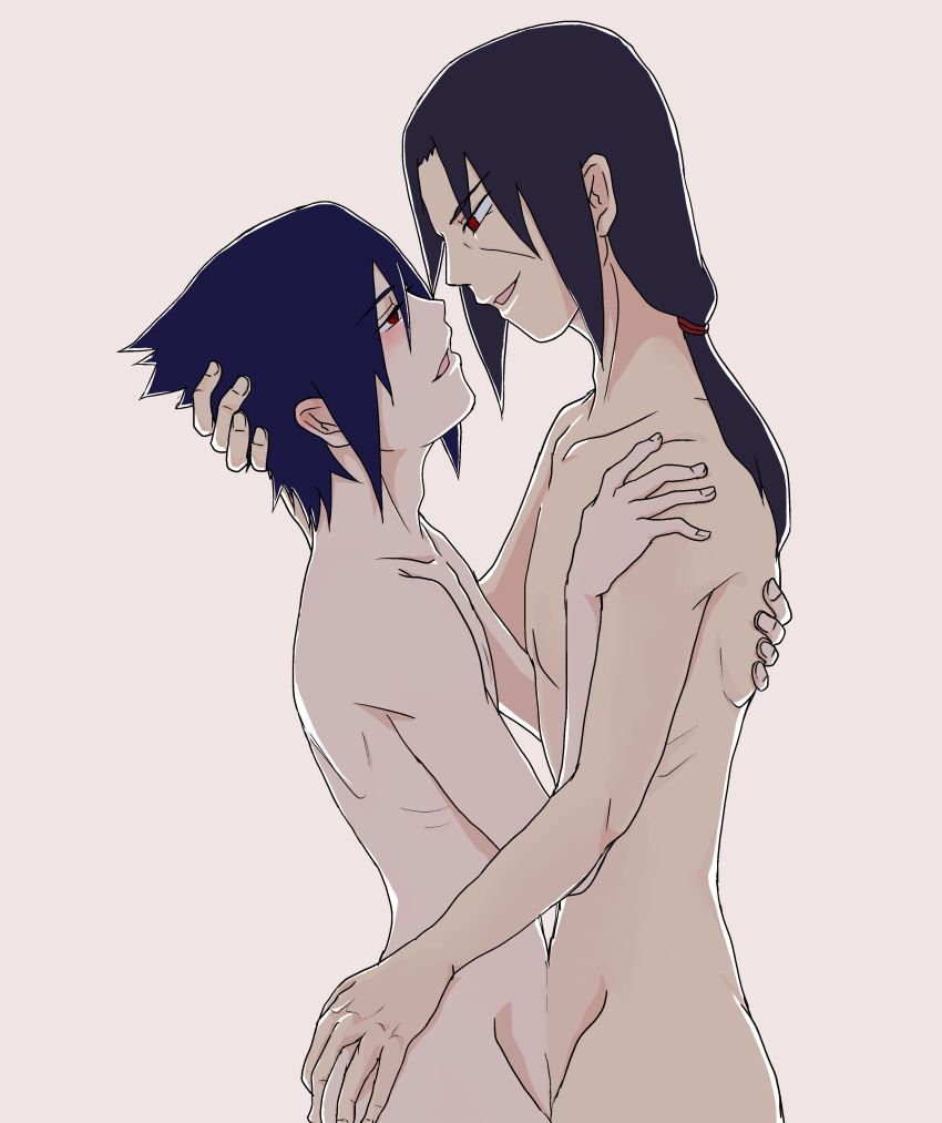 2boys age_difference ass ass_grab black_hair blush brother brother/brother brothers chest_to_chest embrace eye_contact face_to_face gay gay_incest gay_sex hand_behind_back hand_on_ass hand_on_back hand_on_head hand_on_shoulder hug hugging imminent_kiss incest long_hair_male looking_at_another looking_at_each_other looking_at_partner male male_only multiple_boys naked naruto naruto_(series) naruto_shippuden older_male ponytail red_eyes sasuke_uchiha sharingan side_view smile tied_hair uchiha_itachi yaoi younger_male