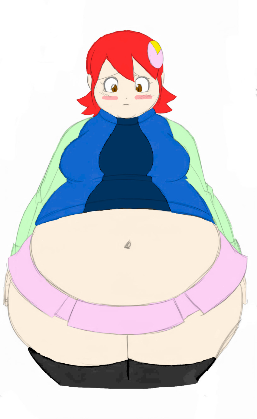 1girls axel-rosered belly_button big_ass big_belly blush breasts color_edit colored colored_sketch double_chin embarrassed fat fat_ass fat_woman female female_only huge_ass kneesocks mayl_sakurai mega_man mega_man_battle_network overweight overweight_female red_hair short_skirt skirt solo thick_thighs tight_fit weight_gain