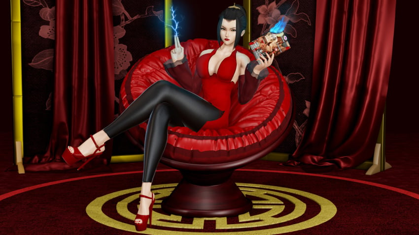 1girls avatar_legends avatar_the_last_airbender azula black_hair clothed clothed_female crossed_legs destruction destruction_of_property female fire_nation lighting lighting_bolt princess ronail royal royalty sitting sitting_on_chair tiara