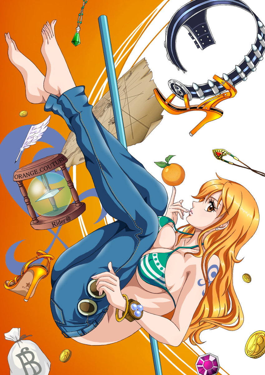 ass barefoot bikini bikini_top_only blue_pants bracelet breasts brown_eyes coin denim earrings feet female female_only food fruit full_body gem gold_coin high_heels highres jeans jewelry large_breasts legs log_pose long_hair map money_bag nami nami_(one_piece) one_piece orange_(fruit) orange_hair pants pearl_earrings pendant post-timeskip quill raida_(j5einmnjp3r49k6) sandals shell_casing shoes shoulder_tattoo solo swimsuit tattoo toenails toes unworn_shoes