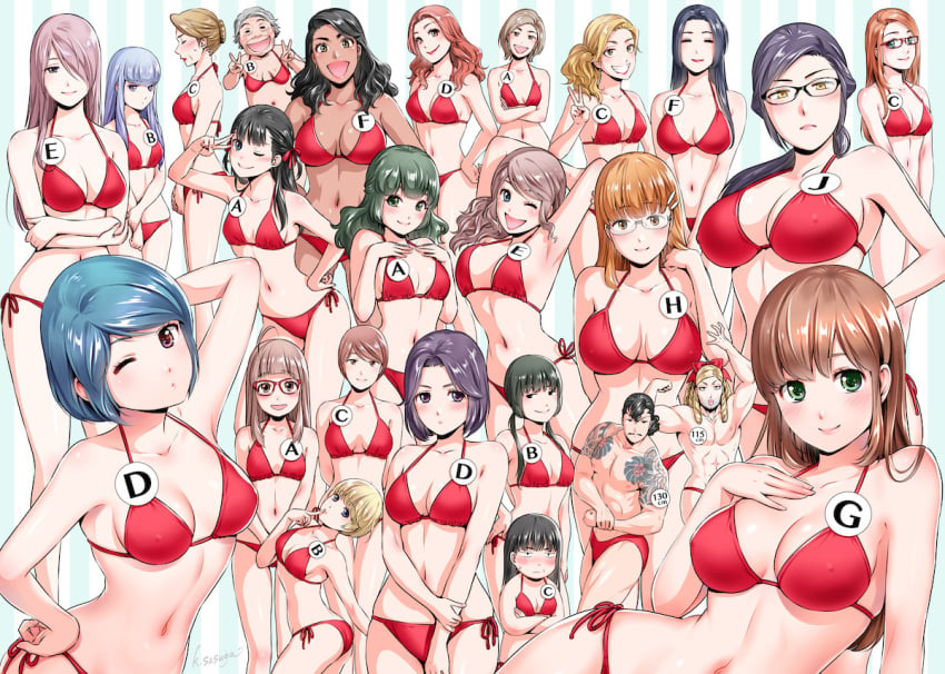 23girls 2boys ass bikini blue_eyes breasts brown_hair cleavage domestic_na_kanojo glasses green_eyes large_breasts long_hair looking_at_viewer matching_outfit multiple_boys multiple_girls navel official_art red_bikini sasuga_kei side-tie_bikini smile swimsuit tachibana_hina tachibana_rui