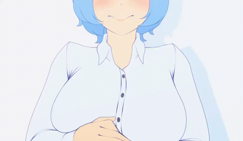 1girls animated artist_request big_breasts blue_hair blush bouncing_breasts breasts breasts_out button_down_shirt button_gap faceless faceless_character faceless_female faceless_human female heart_icon human large_breasts like_icon open_clothes open_shirt popped_button retweet_icon shirt short_hair source_request tagme tagme_(artist) torn_clothes torn_clothing torn_shirt white_shirt