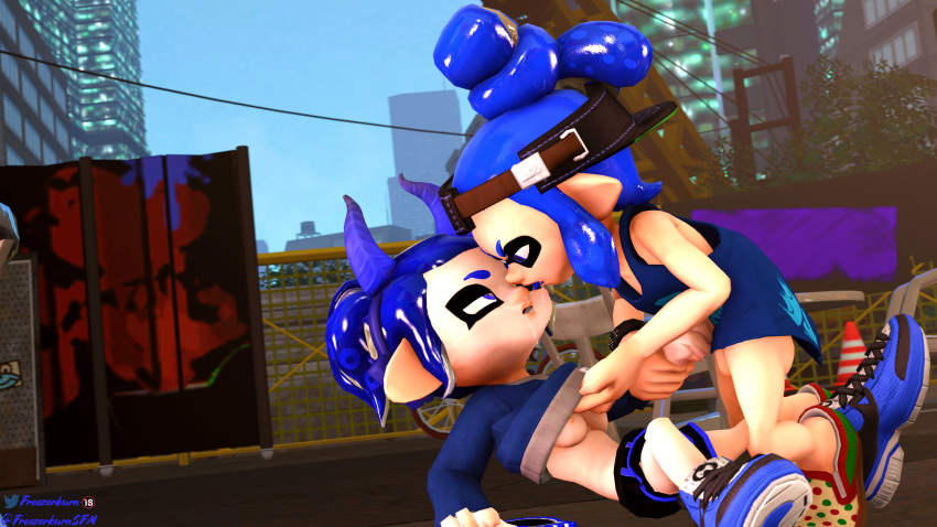 3d after_fight after_kiss angry angry_face blue_eyes blue_hair breasts clothing convex_(freezerburn) dev_(freezerburn) fighting freezerburnsfm grabbing_arm headgear inkling inkling_girl lifting_shirt nipples octoling octoling_girl on_ground public saliva saliva_drip saliva_trail sfm shoes source_filmmaker splatoon splatoon_2 vagina waist yuri