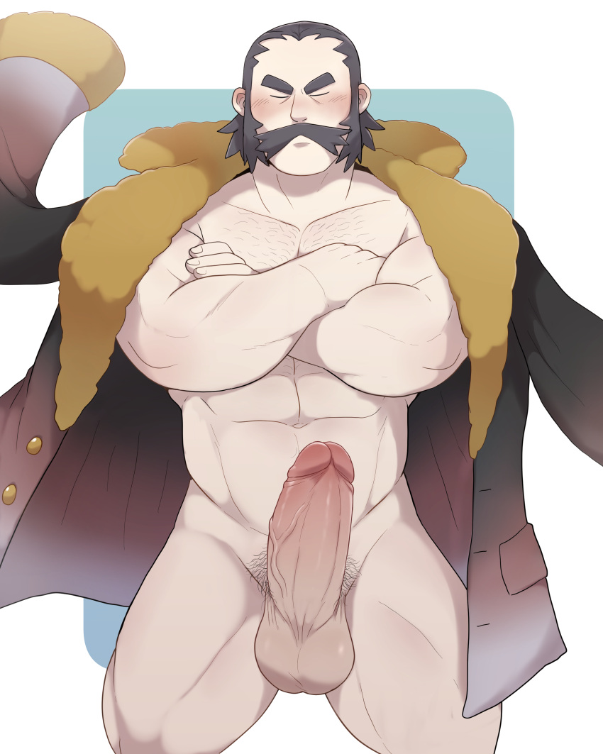 1boy arms_crossed balls bara big_balls big_penis blush boner closed_eyes erect_penis erection facial_hair game_freak gay kamado_(pokemon) male male_only moustache muscles muscular mustache nintendo o-ro penis pokemon pokemon_legends:_arceus solo solo_male