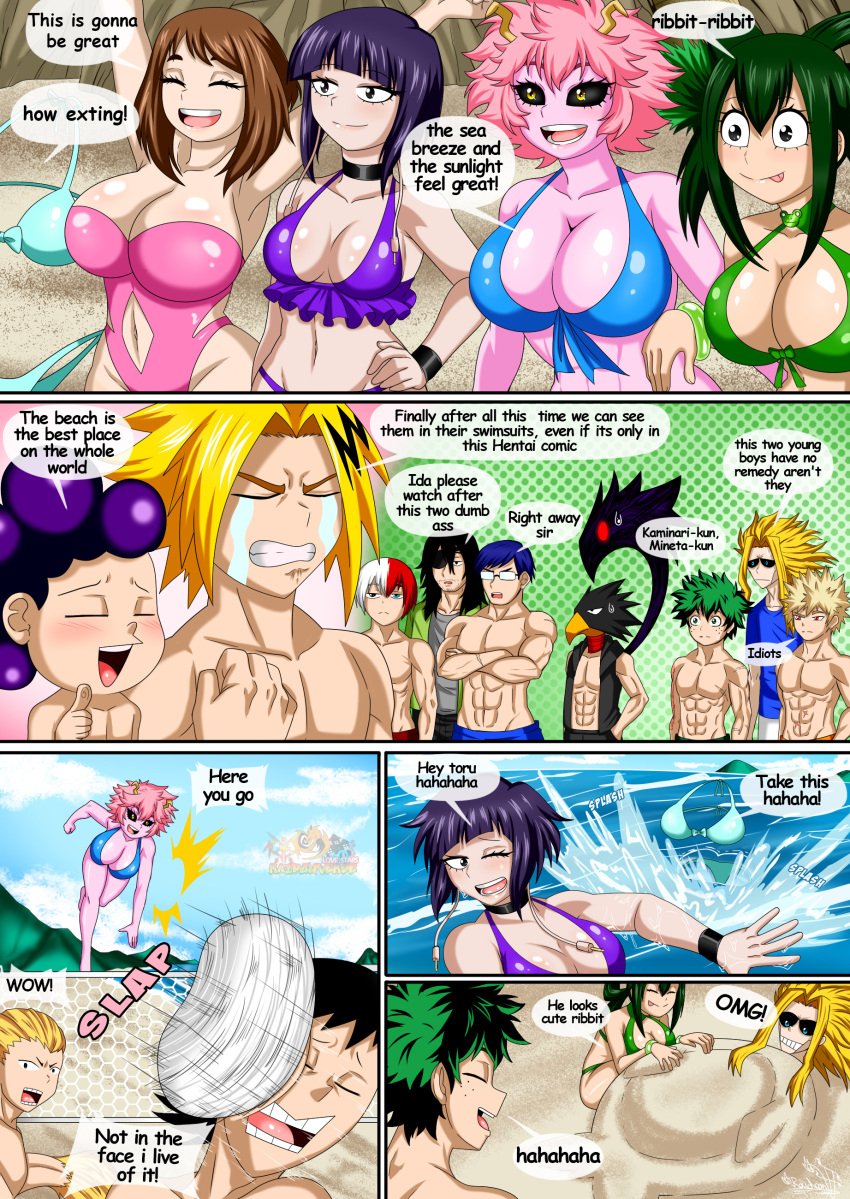 5girls abs all_might beach beach_ball big_breasts bikini black_hair blonde_hair blue_shirt breasts brown_hair comic comic_page denki_kaminari english_dialogue english_text female fumikage_tokoyami green_hair hagakure_tooru_(invisible) izuku_midoriya katsuki_bakugou kyoka_jiro mina_ashido minoru_mineta multiple_boys multiple_girls my_hero_academia ochako_uraraka pink_hair purple_hair raidon_dimentional_land shounen_jump shouto_todoroki spiky_hair tenya_iida text tooru_hagakure tooru_hagakure_(invisible) toshinori_yagi tsuyu_asui water